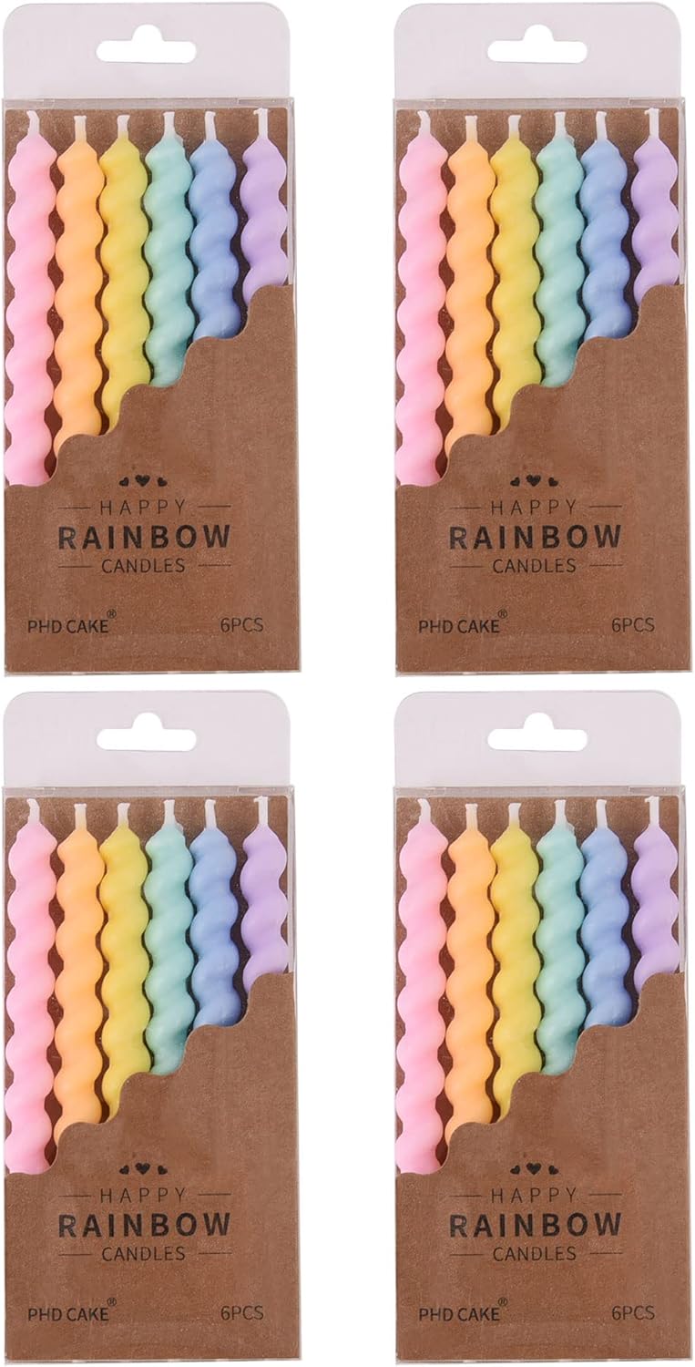 PHD CAKE 24-Count Rainbow Spiral Birthday Candles with Holders, Party 