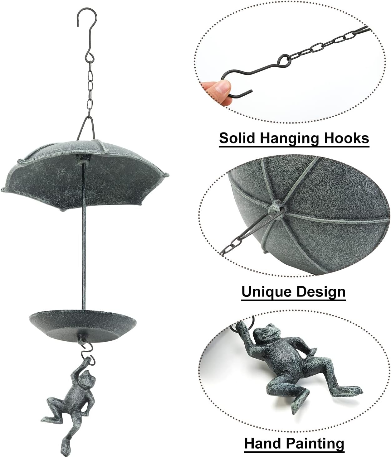 Sungmor Decorative Hanging Bird Feeder, Waterproof Cast Iron Bird Bath, Unique Vintage Green Lovely Frog Skydiving Design, An Excellent Addition to Any Garden Decor