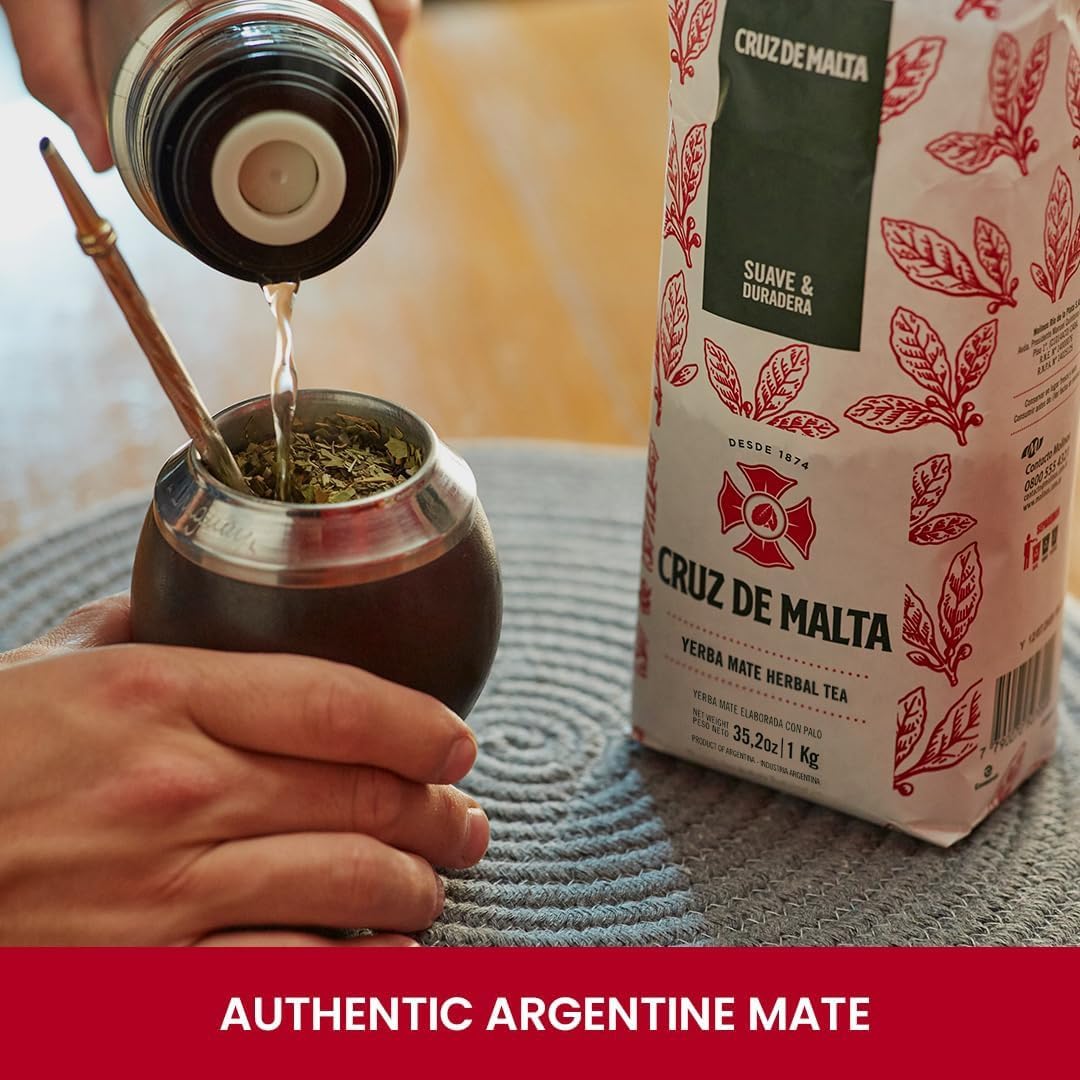 Cruz de Malta Yerba Mate Tea – 1kg (2.2 lbs) Loose Leaf – Traditional Argentine Herbal Tea – Smooth Flavor, Naturally Sourced – USA Specific Packaging – Gluten-Free – Large Leaf Low Dust Yerba Mate