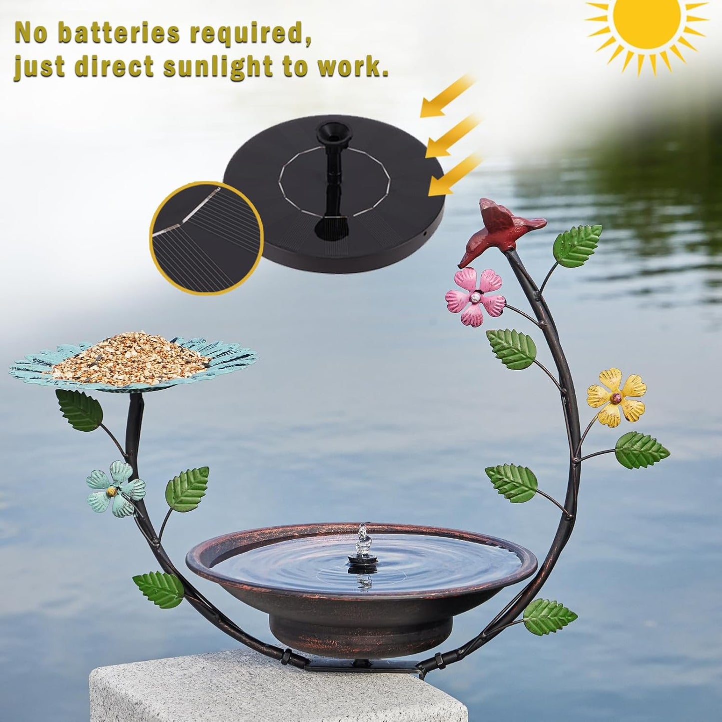 Solar Bird Bath,Deck Bird Bath with Solar Fountain,Metal Bird Bath Bubbler,Deck Mounted Bird Bath and Bird Feeder,Balcony Bird Bath,with Adjustable Heavy Duty Clamp for Patio Porch Garden