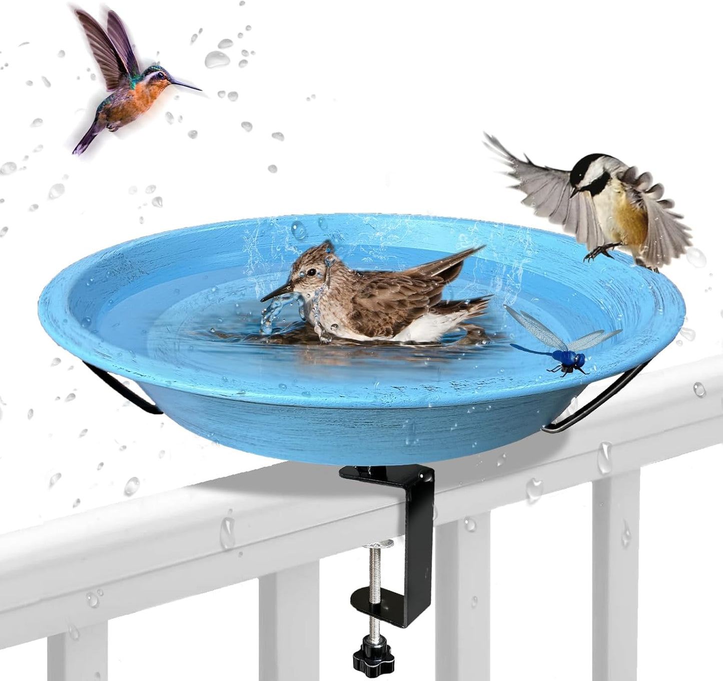Bird Bath Deck Mounted Bowl 12 Inch Metal Bird Baths with Adjustable Sturdy Metal Clamp for Deck Railing Balcony Bird Feeder for Garden Yard and Lawn Decoration-Blue
