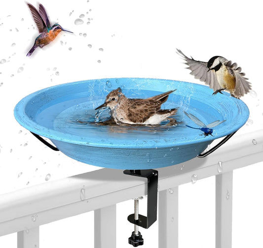 Bird Bath Deck Mounted Bowl 12 Inch Metal Bird Baths with Adjustable Sturdy Metal Clamp for Deck Railing Balcony Bird Feeder for Garden Yard and Lawn Decoration-Blue
