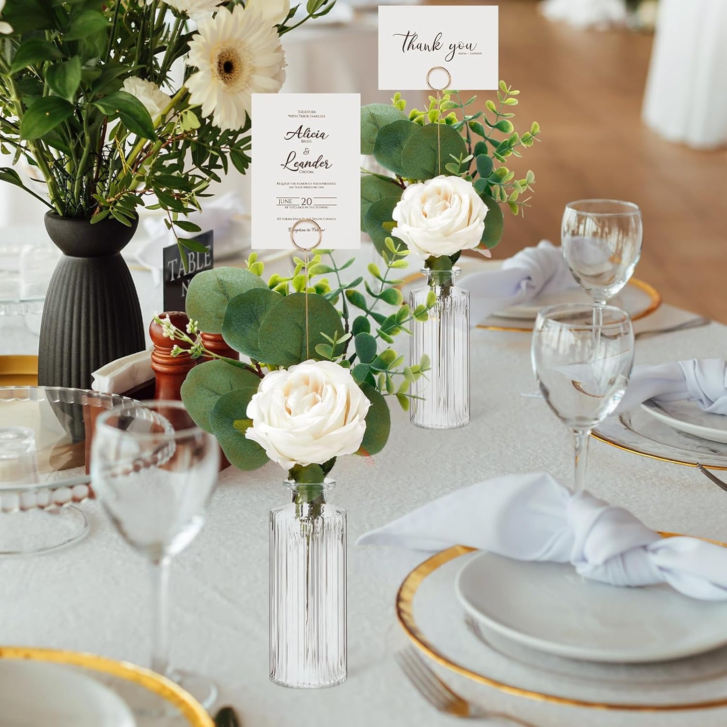 12 Set Artificial Flowers with Vases and Table Number Holder 72 Pcs Glass Bud Vases, Fake Plants and Card Holder Picks Flower Table Centerpieces DIY Set for Wedding Home Dining Party Decor