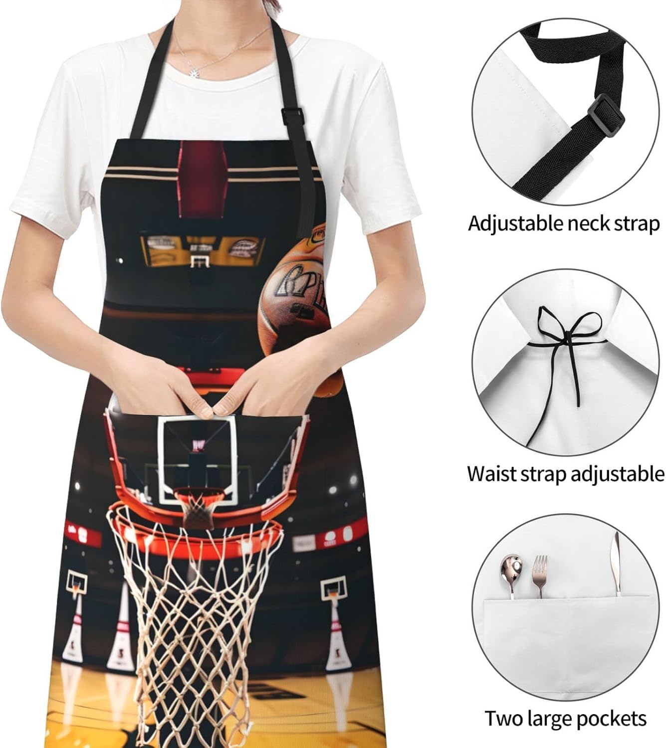 Basketball Print 28x33 In Adult Kitchen Apron with Pockets Versatile Chef Smock for Cooking Baking