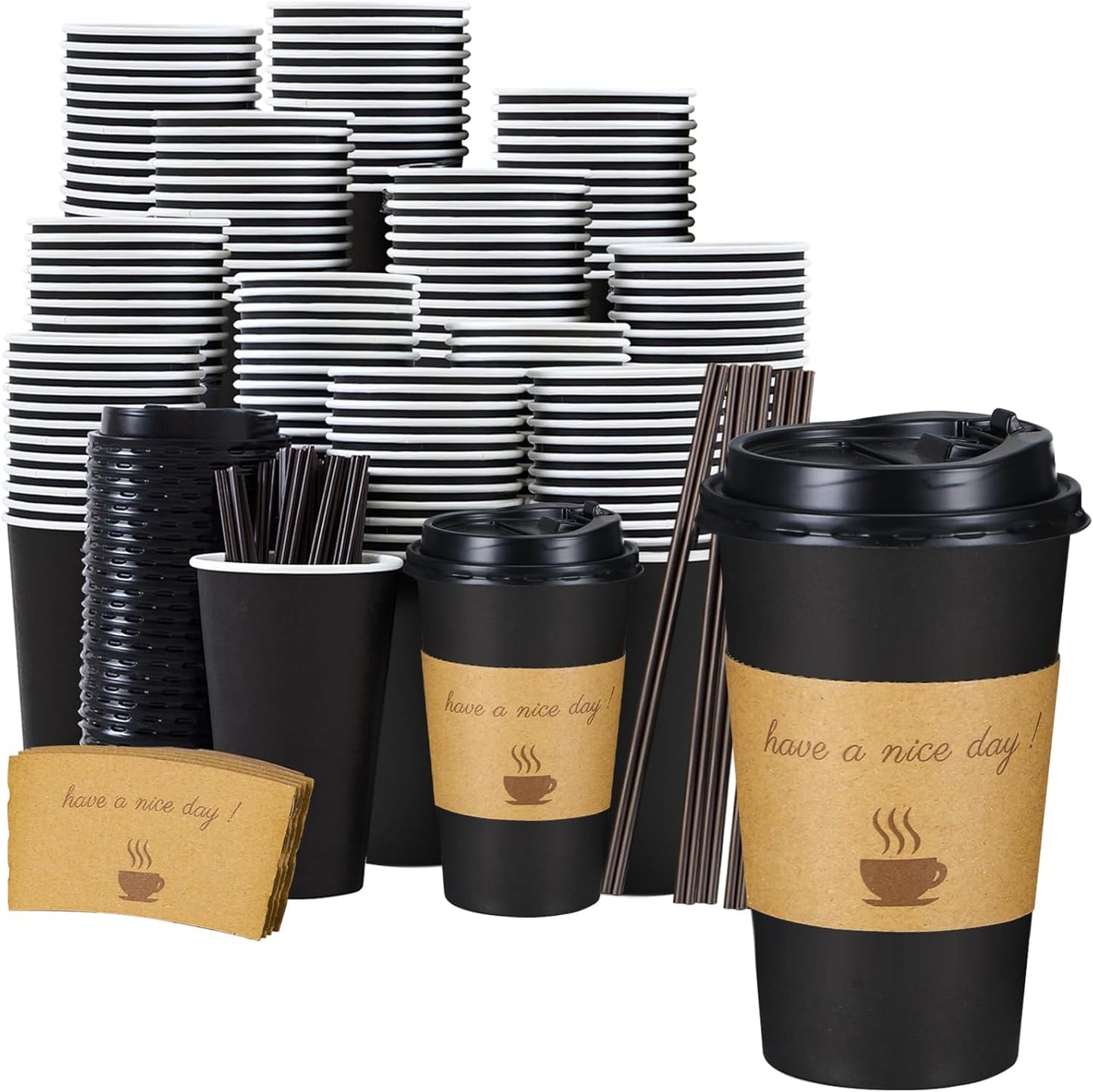 Lamosi 16 oz Coffee Cups 50 Pack, Disposable Coffee To Go Cups with Lids, Stir Sticks and Sleeves, 16 oz Black Hot Paper Cup for Home, Travel, Office