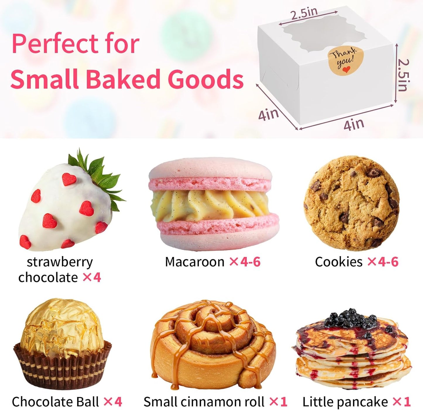 WINKIO 24pcs White Cookie Boxes, 4x4x2.5 Inches Bakery Boxes with Window, for Mini Cake Treat Dessert Pastry Donuts Macaroon Strawberries Chocolate Candy (with Stickers)