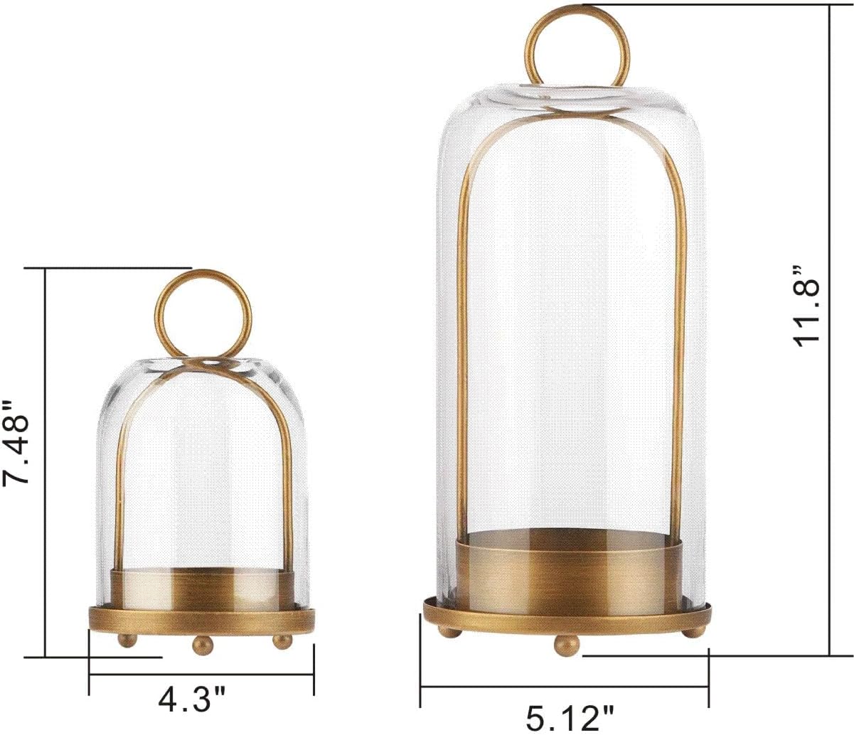 5" & 4" Wide Versatile Metal Candle Holder in Antique Brass with Handmade Thick, Heavy & Sturdy Glass Dome for Pillar Candle, Industrial, Modern, Shelf, Mantel, Veranda, Porch (Brass, Large & Small)