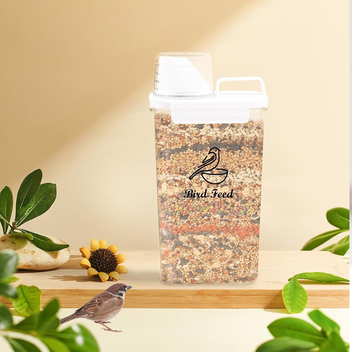 Bird Seed Storage Container Airtight | 3 Qt/2.5 L Clear Plastic Bird Food Container Portable-with Measuring Cup/Lid|Pet Food Storage Container |Wild Bird Seed Dispenser|BPA Free