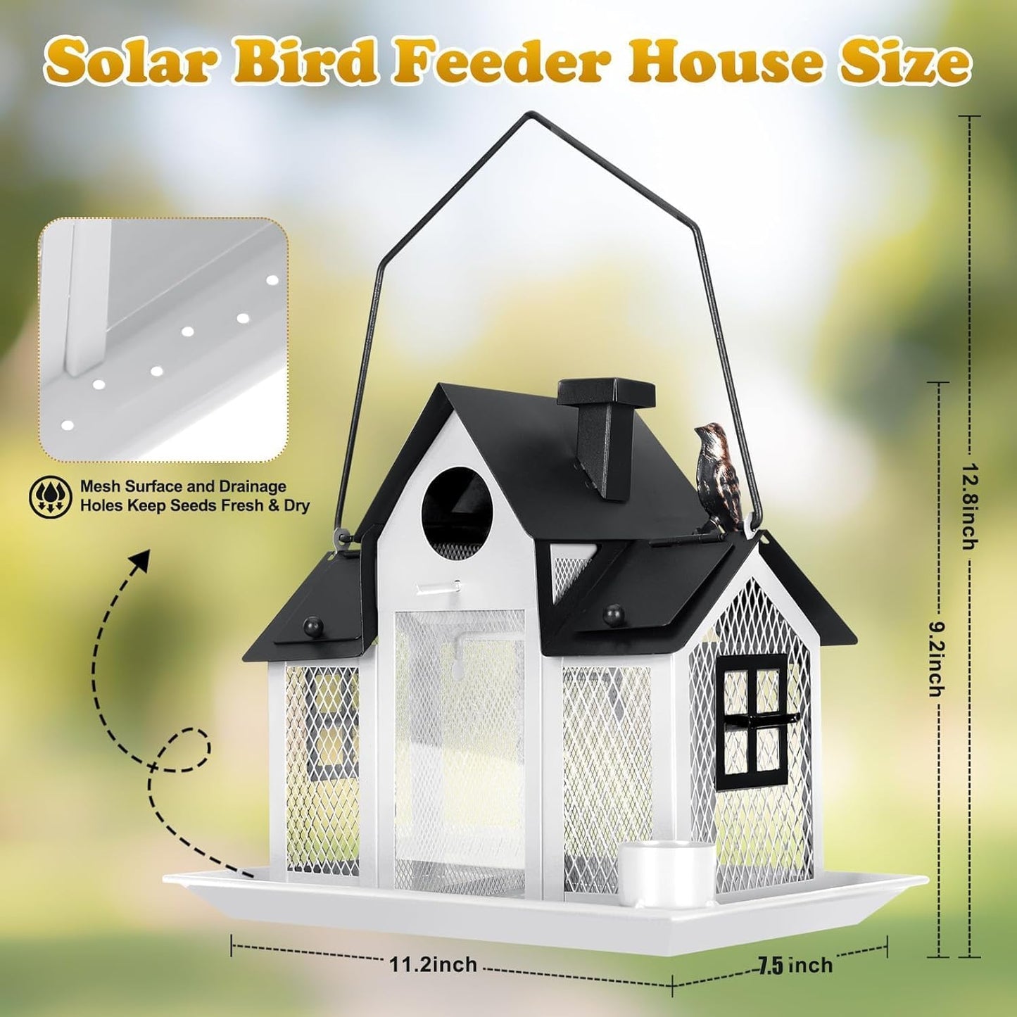 Solar Bird Feeders for Outdoors,Bird House Feeder,Hanging Metal Mesh Wild Window Large Finch Cardinal Nest Houses Garden Decoration Squirrel Proof (White)