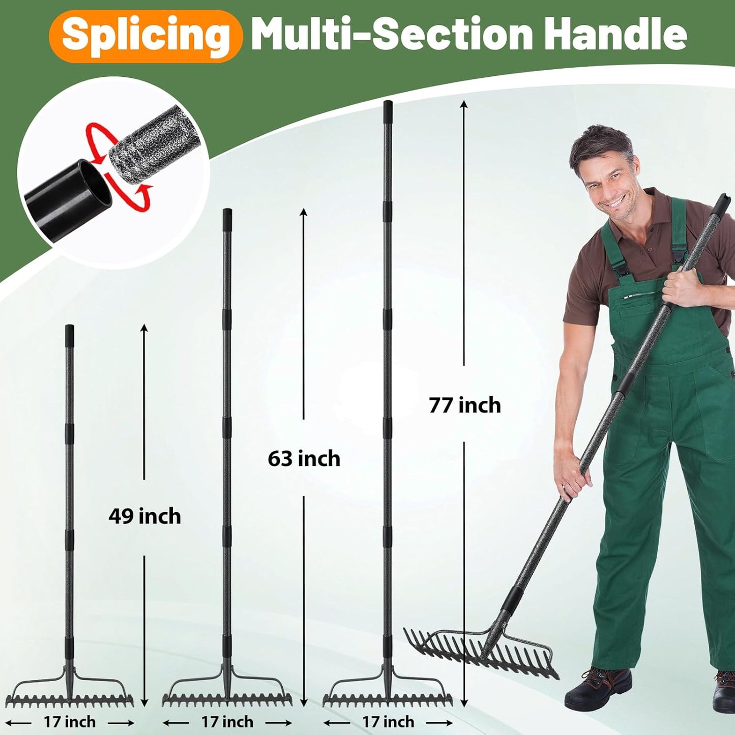 Garden Rake, 63 Inch Long Handle with 17 Tongs, Heavy Duty Metal Bow R