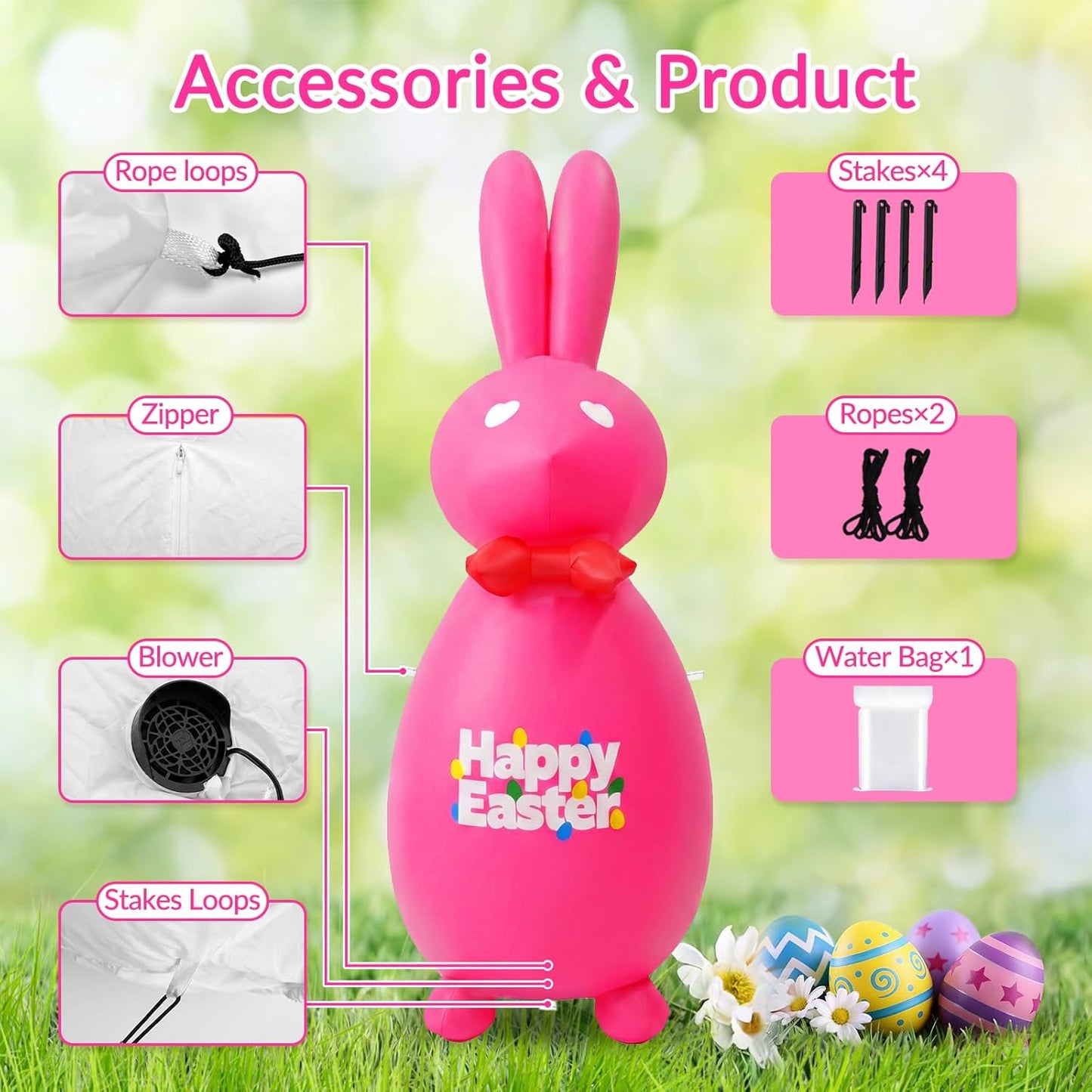 6FT Easter Inflatable Bunny Outdoor Decoration, Giant Pink Blow Up Rabbit with LED Lights, Easter Yard Decor for Lawn Garden Patio, Holiday Party Inflatables with Stakes & Tethers