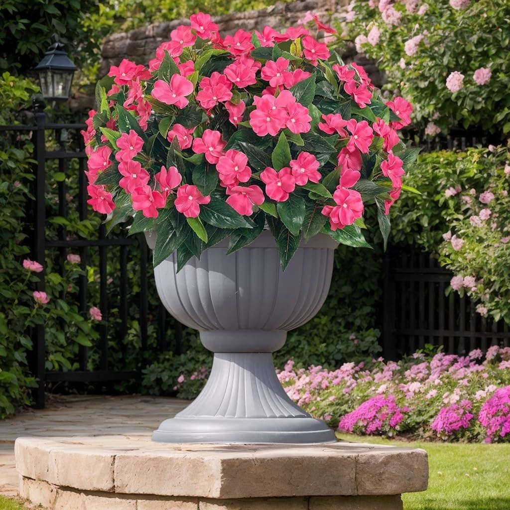 3pcs Artificial Impatiens - Outdoor Faux Flowers for planters, Silk Faux Outdoor Flowers for Patio Lawn Garden Pot Hanging Basket Porch Decoration (Rose Red)