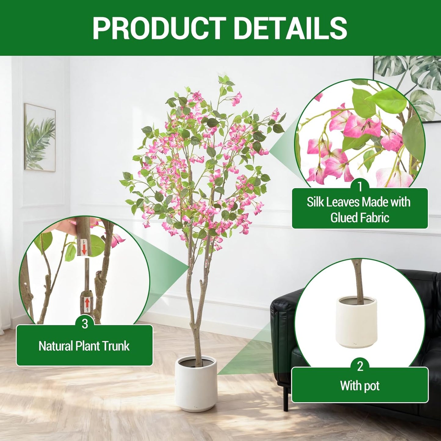 5Ft Artificial Trees Tall Fake Plant in White Planter Pot Faux Bougainvillea Faux Tree for Living Room Indoor Home Decor Front Porch Office Decor