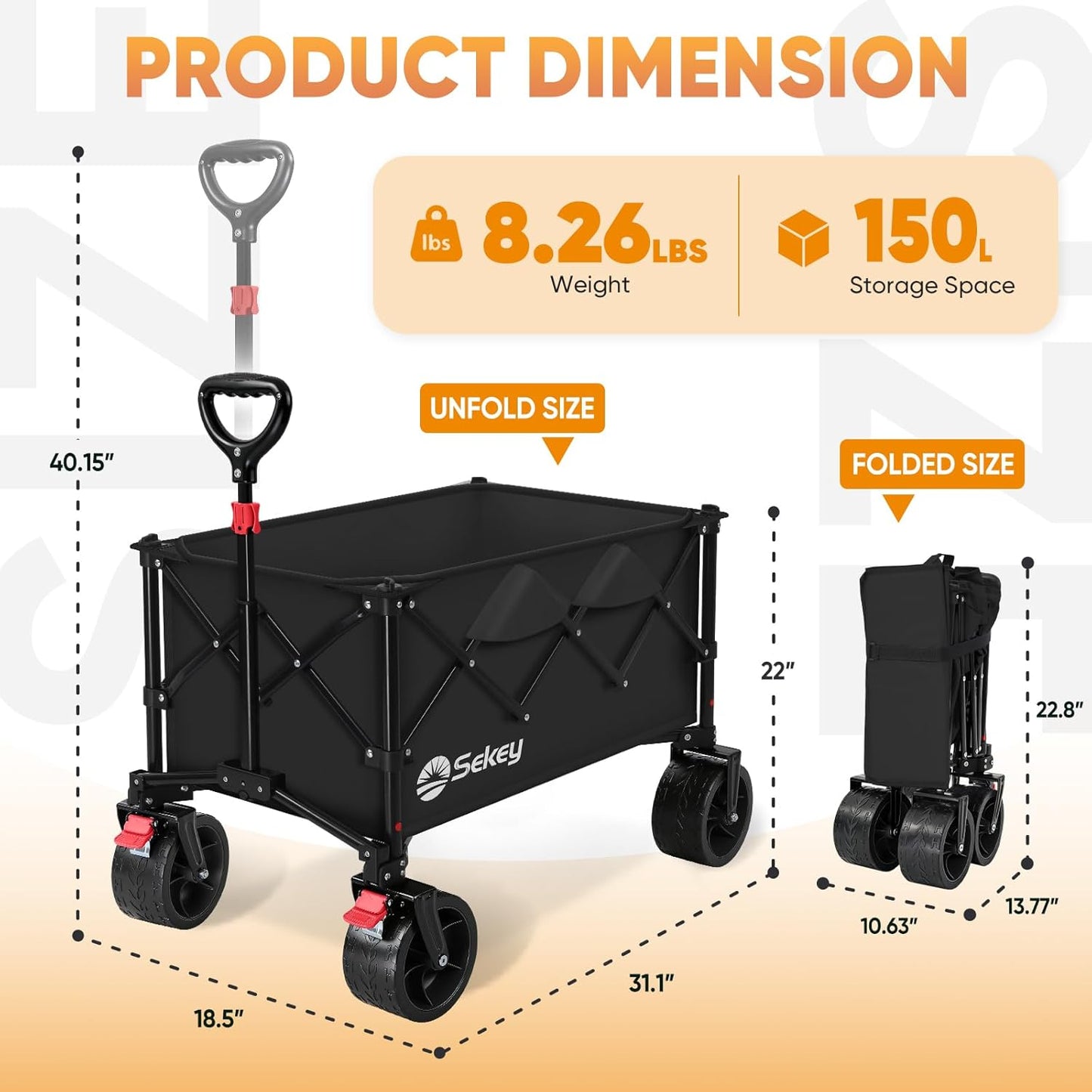 Sekey 150L Wagons Carts Foldable with Big All-Terrian Beach Wheels, Collapsible Heavy DutyWagon with Cup Holders, Extra Large Folding Wagon,Foldable Wagon for Camping, Garden, Sports. Black