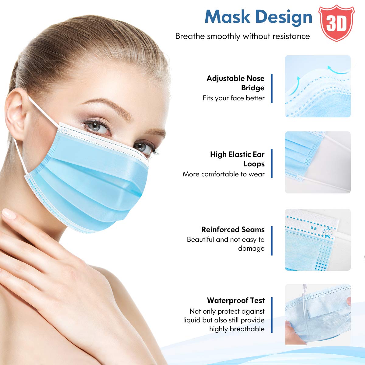 HDFK Face Mask Disposable Adults 3Ply Non-Woven with Nose Clip Ear Loop Blue 50Pack