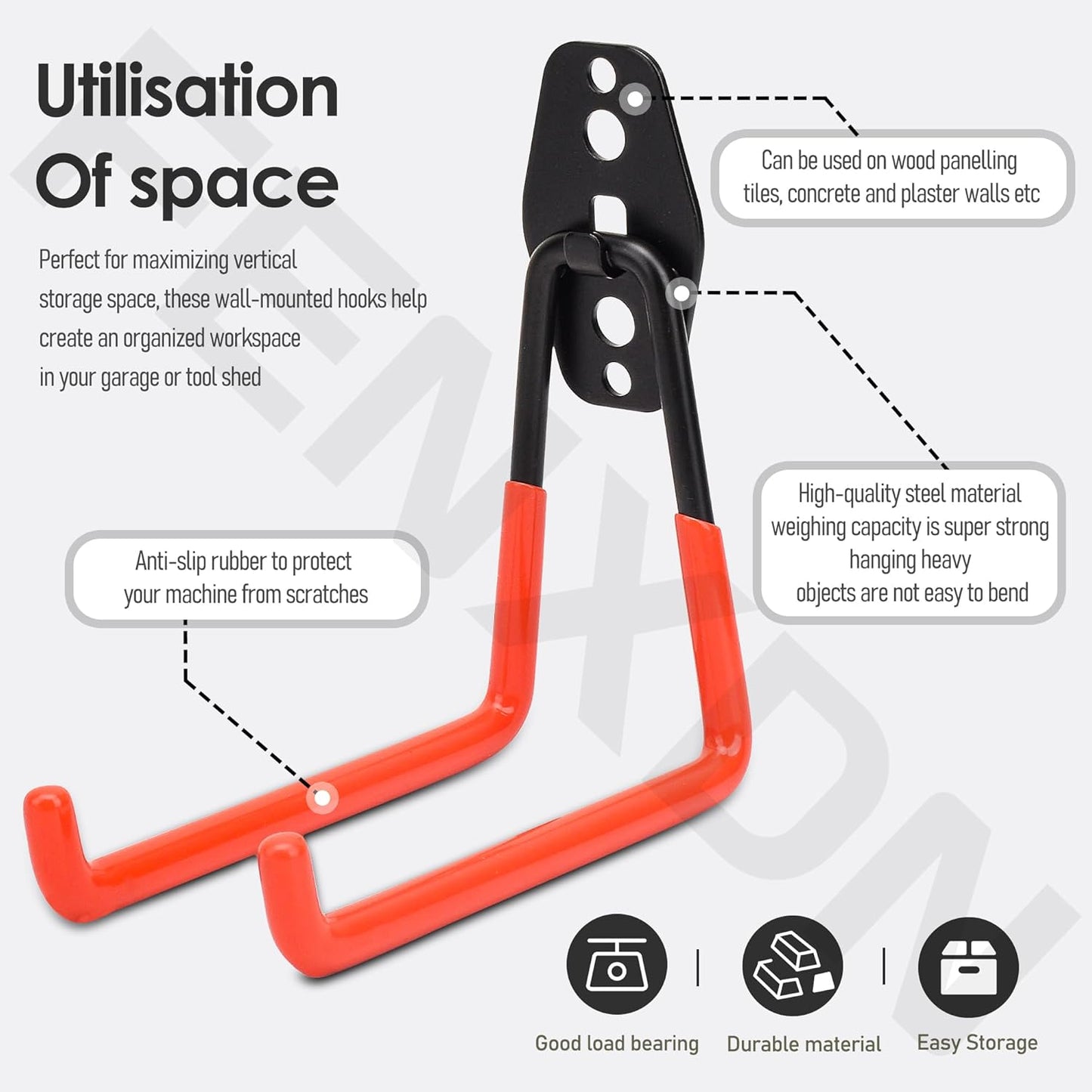 Garage Hooks for Hanging Bike, Utility Steel Garage Storage Hook for Hanging Bike, Ladder and Garden Tools w/Garage Storage Hooks Attachment & Battery Mount Holder for Ego