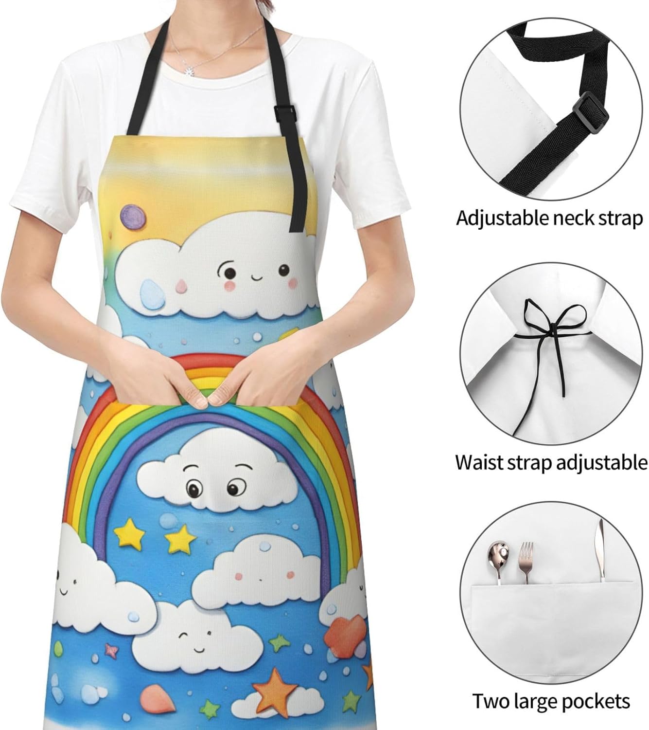 Rainbow Clouds Raindrop print Waterproof chef's apron with pocket apron for kitchen cooking baking barbecue and gardening