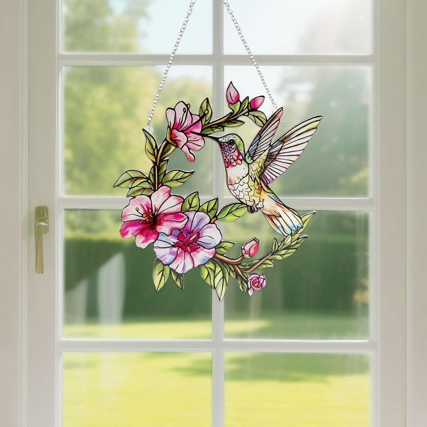 Stained Glass Window Hanging Hummingbird and Flower Suncatcher, Marzovitra 10 Inch Colorful Window Art Bird Sun Catcher for Home Decor, Garden, Patio, Gift for Nature and Bird Lovers