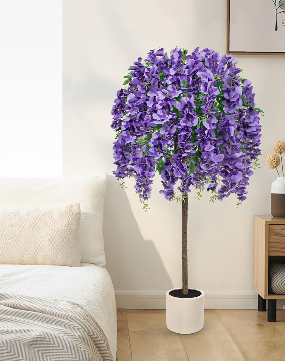 4FT Artificial Wisteria Tree in Pot, Faux Potted Floor Plant with Cascading Flowers, Realistic Fake Tree in Cream White Planter for Home Indoor Living Room Corner, Bedroom & Wedding Decor, Purple