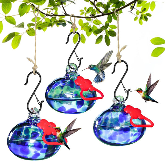 Set of 3 Hummingbird Feeders for Outdoors Hanging,Hand-Blown Glass Hum