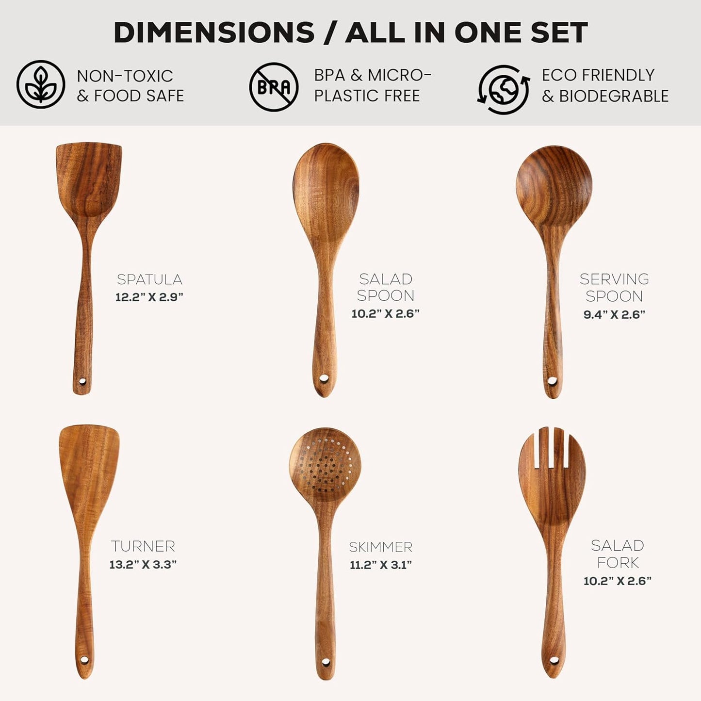 Zulay Kitchen 6 Piece Wooden Spoons for Cooking – Natural Teak Wooden Utensil Set, Easy to Clean, Durable, Smooth with Comfort Grip - Non Toxic Wooden Cooking Utensil Sets