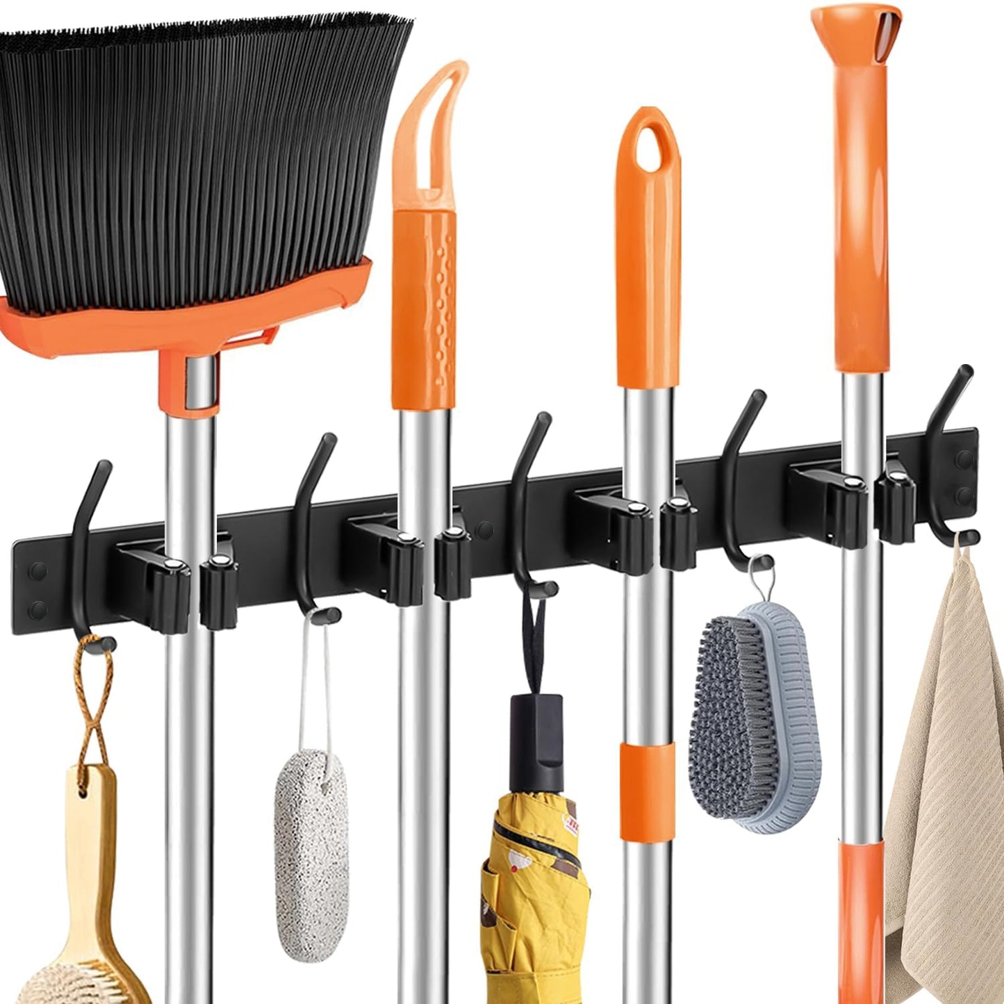 Broom Holder Wall Mount, 4 Racks and 5 Hooks Mop Holder Wall Mount, Stainless Steel Heavy Duty Garden Tool Broom Organizer Wall Mount, Laundry Room, Kitchen, Closet, Shed, Garage Organizer