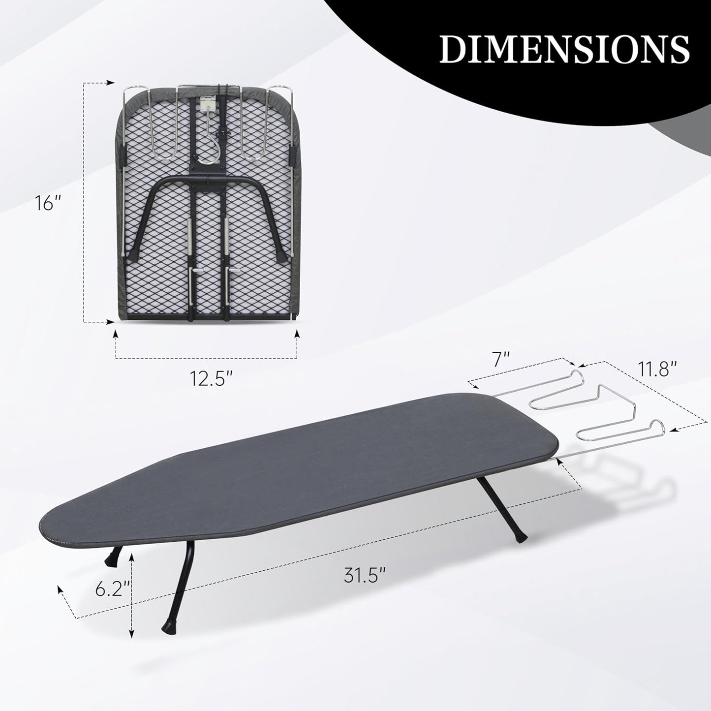 Metal Mesh Panel Tabletop Ironing Board | Foldable Iron Board | Heavy Duty Small Iron Board with Heat Resistant Cover and 100% Cotton 8mm Thicken Pad | 31.5"x11.8"x6.2"