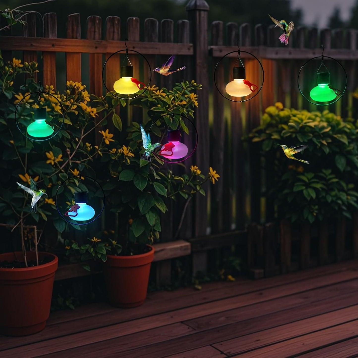 6 Pack Solar Hummingbird Feeders for Outdoors,Solar Hanging Lights Waterproof,Glass Hummingbird Feeder Individual or Chain Hanging,Garden Decor for Outside(Frosted Clear)
