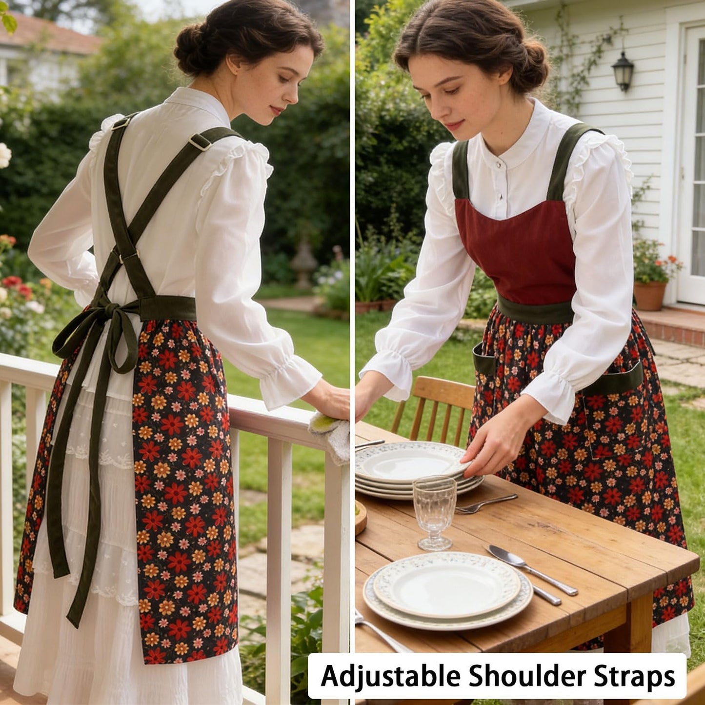 Uaussi Pinafore Apron Dress for Women Adjustable Floral Work Aprons fo