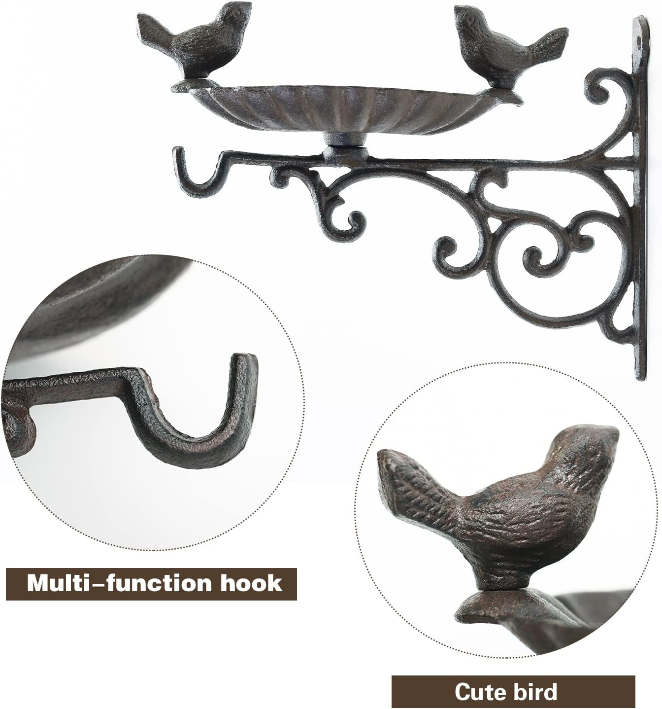 Sungmor Heavy Duty Cast Iron Bird Feeder with Hanging Bracket - Wall Mounted Bird Bath - Vintage & Lovely Birds Hanger Wall Hook for Planters, Lanterns, Wind Chimes and More Garden Decorative Items