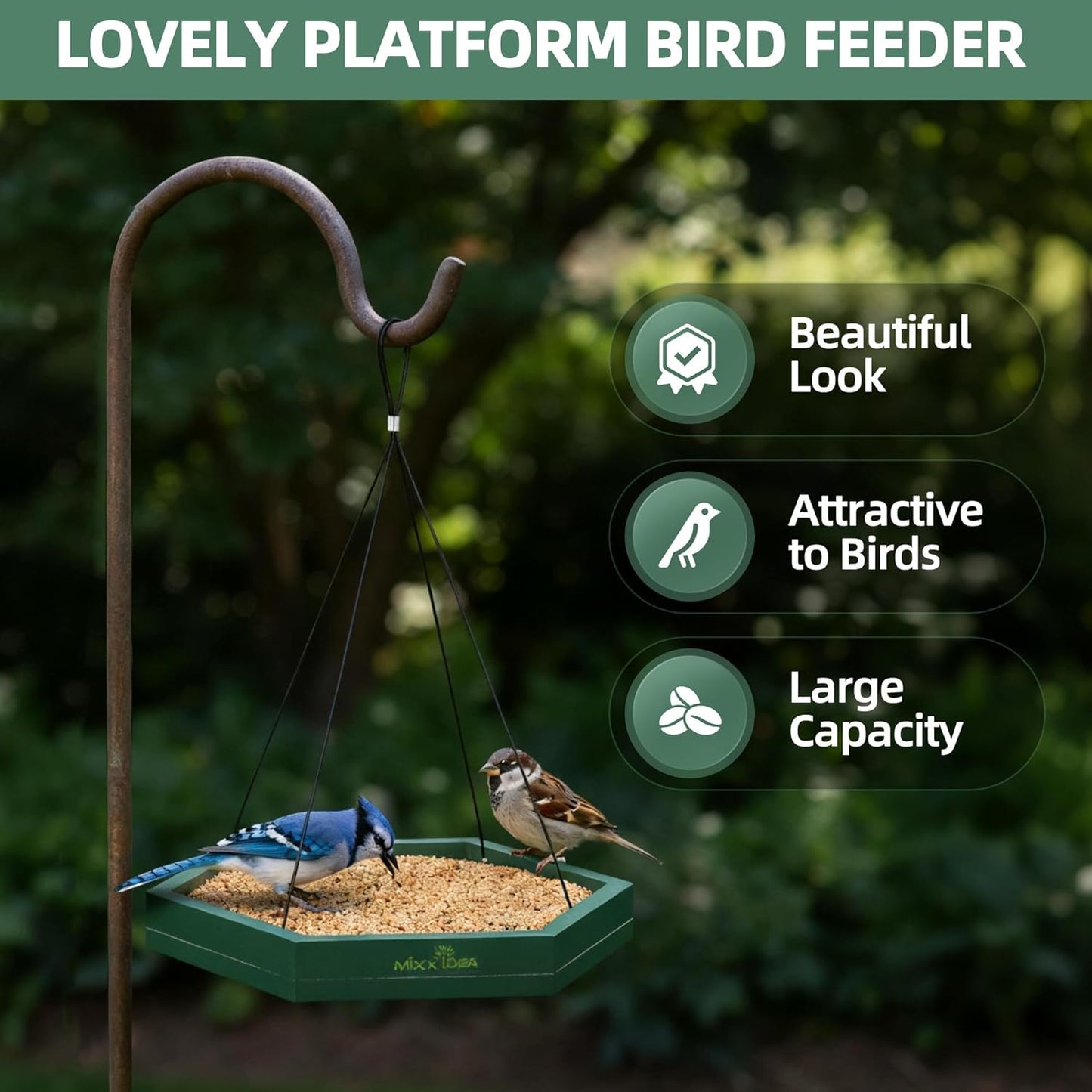 MIXXIDEA Platform Bird Feeder Tray, Hanging Bird Feeders for Outdoors, Wooden Seed Tray Mesh Seed Platform for Garden Yard Outside Decoration Attracting for Wild Birds (1pk-Green)