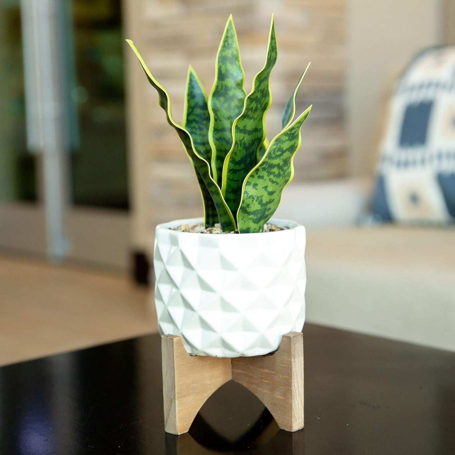 Flora Bunda Large 12" Realistic Looking Artificial Snake Plant in Dimple Ceramic Pot with Wooden Stand for Outdoor Indoor Home or Office Décor Artificial Plant, Fake Plant