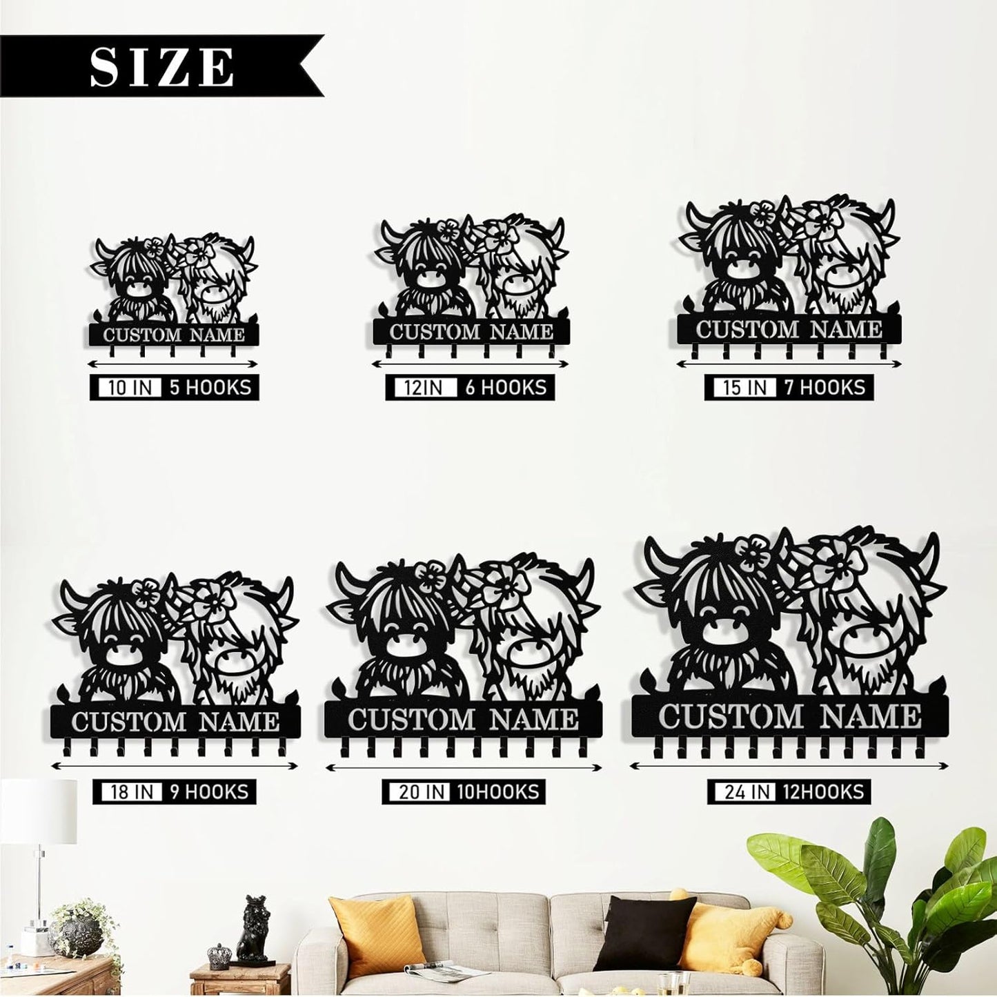 Personalized Highland Cow Key Holder Wall Mount, Custom Metal Keys Rac