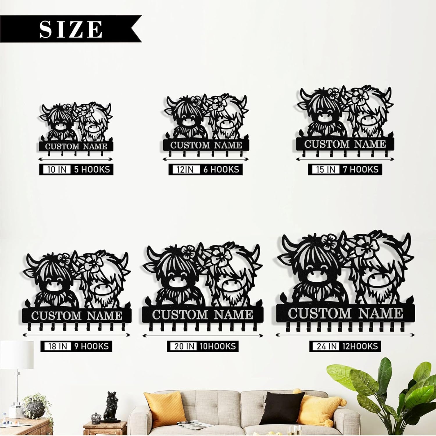 Personalized Highland Cow Key Holder Wall Mount, Custom Metal Keys Rac