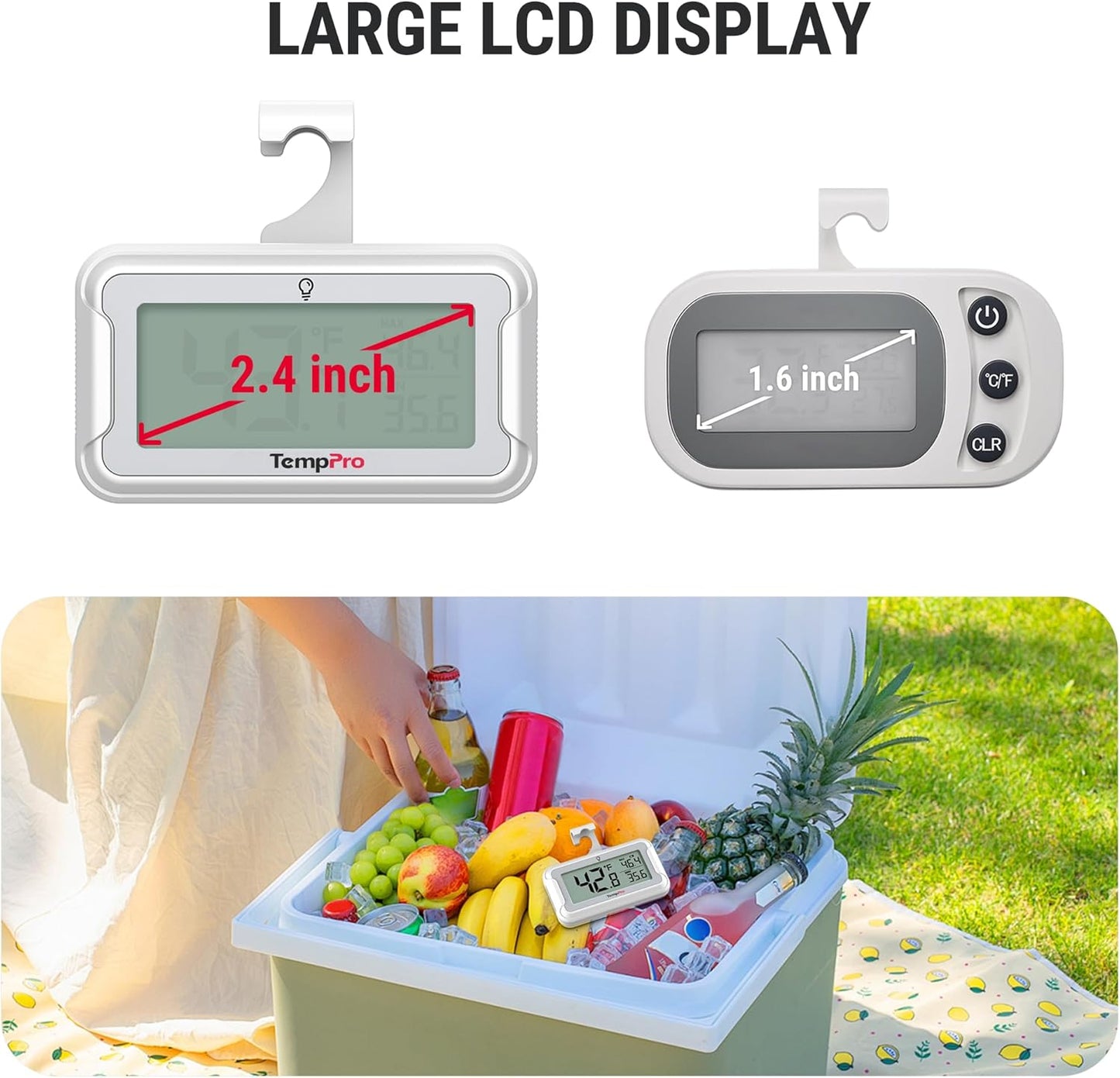 TempPro Refrigerator Thermometer 2 Pack with Large Backlit LCD Display, Waterproof Freezer Fridge Thermometer with Max/Min Record, Easy Battery Replacement for Room, Cooler (Previously ThermoPro)