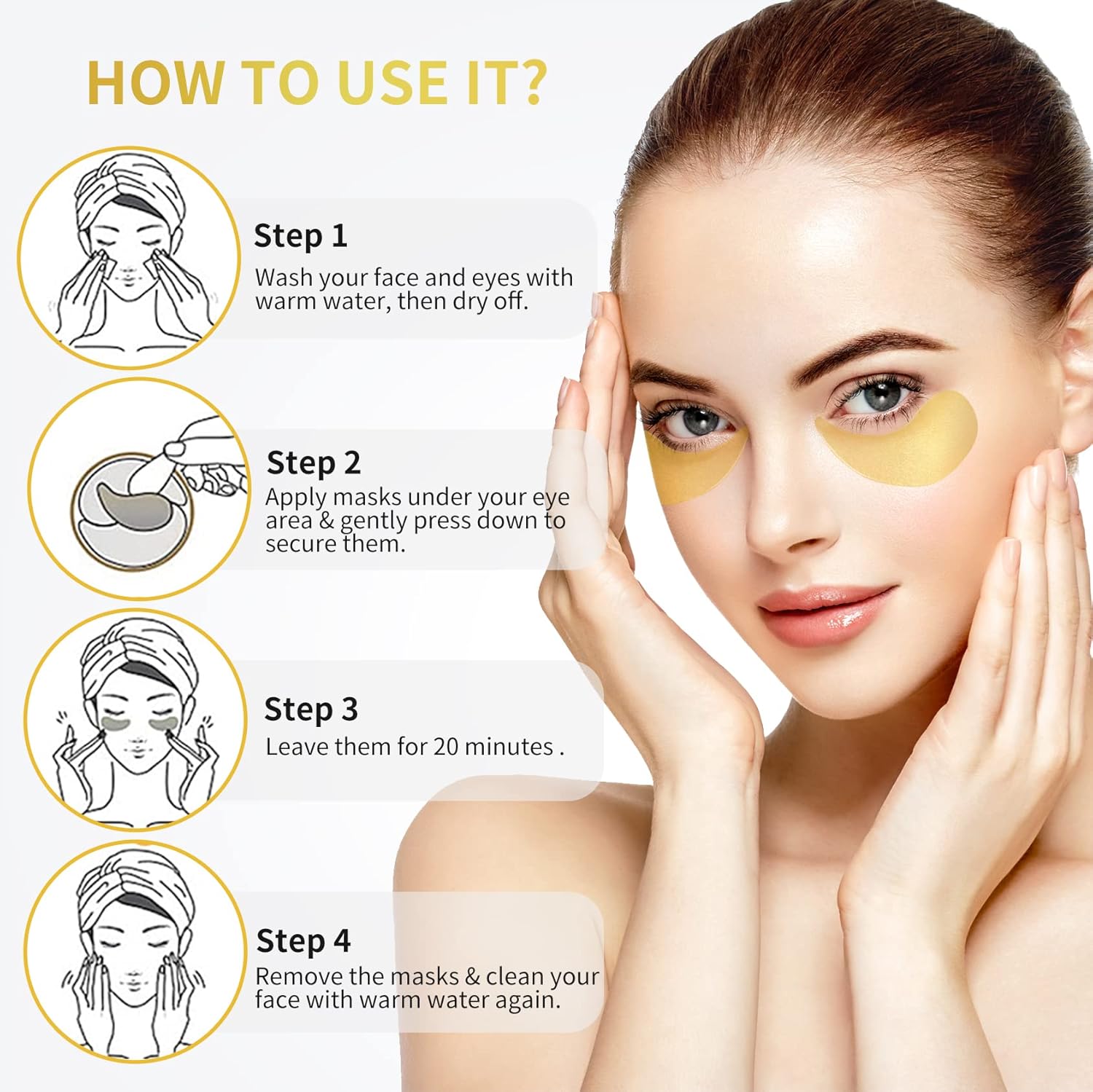 24K Gold Under Eye Patches - 60 Pack for Puffy Eyes, Dark Circles, Bag