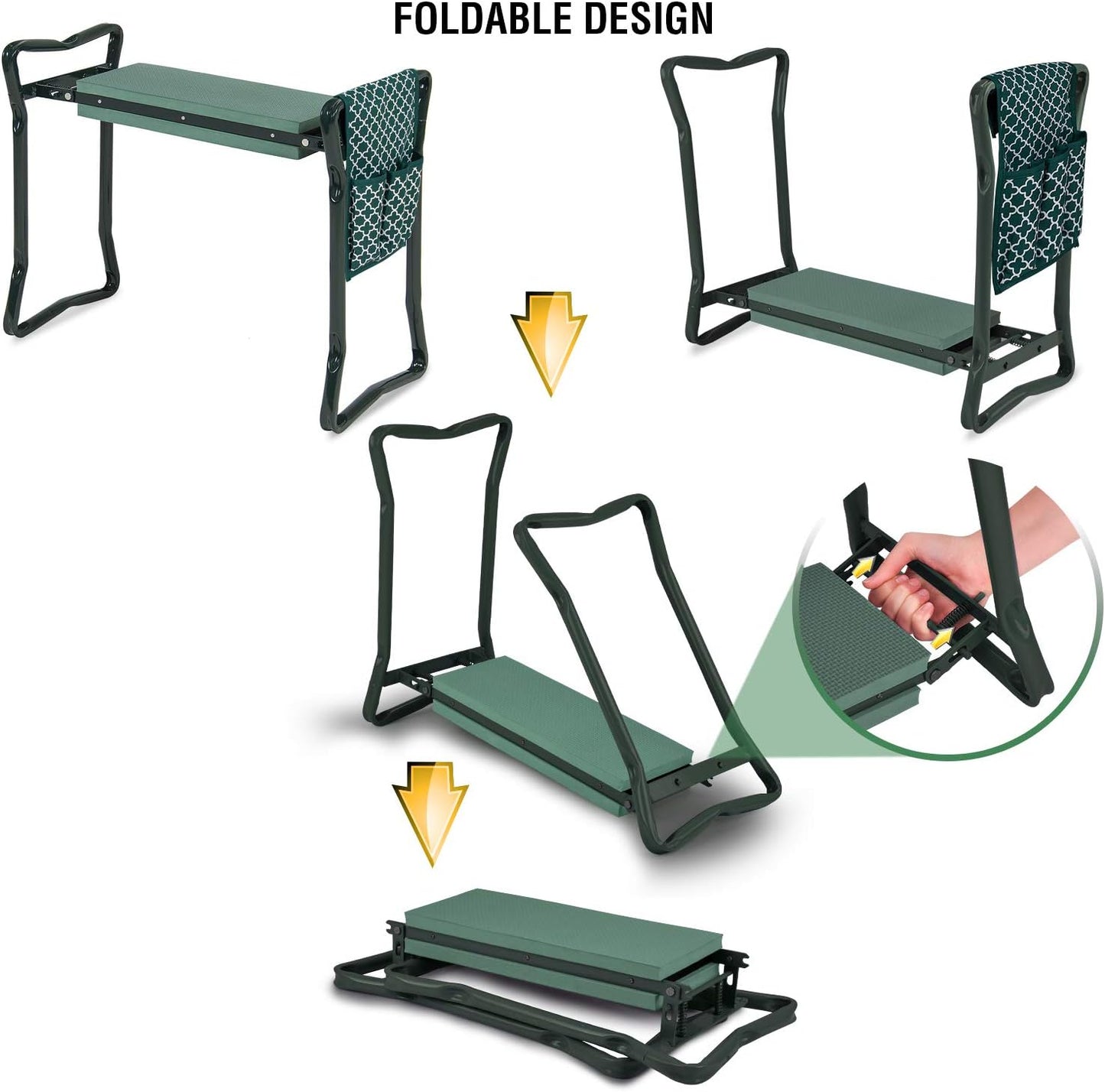 Garden Kneeler And Seat - Protects Your Knees, Clothes From Dirt & Grass Stains - Foldable Stool For Ease Of Storage - EVA Foam Pad - Sturdy and Lightweight - Bench Comes With A Free Tool Pouch!