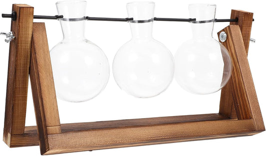 Milisten Hydroponic Glass Vase with Wooden Stand, Three-Ball Plant Container, Glass Planter for Indoor Desktop Decoration, Home and Office Hydroponic Flower Pot
