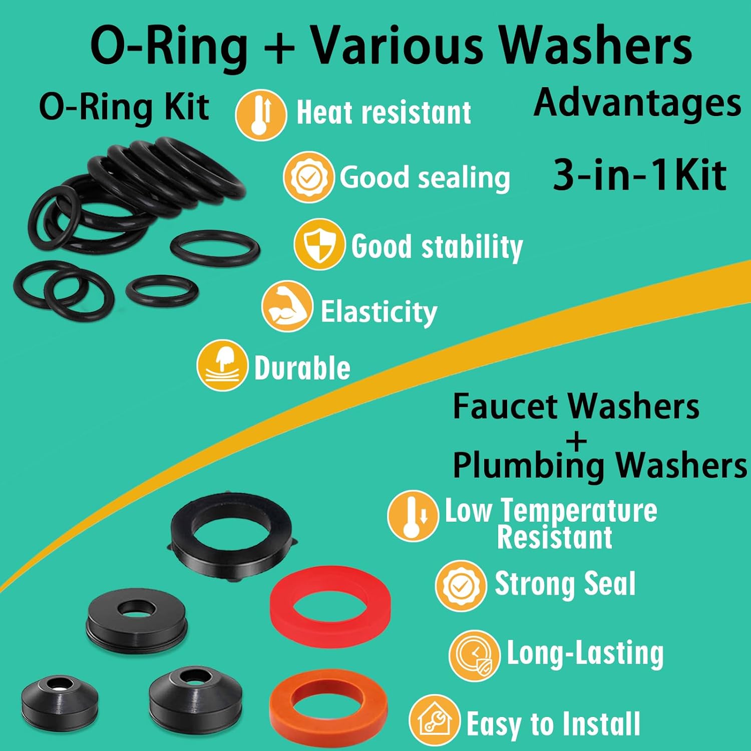 37 Size 1075 Pcs Faucet Washers & O-Rings Kit & Plumbing Gasket 3-in-1
