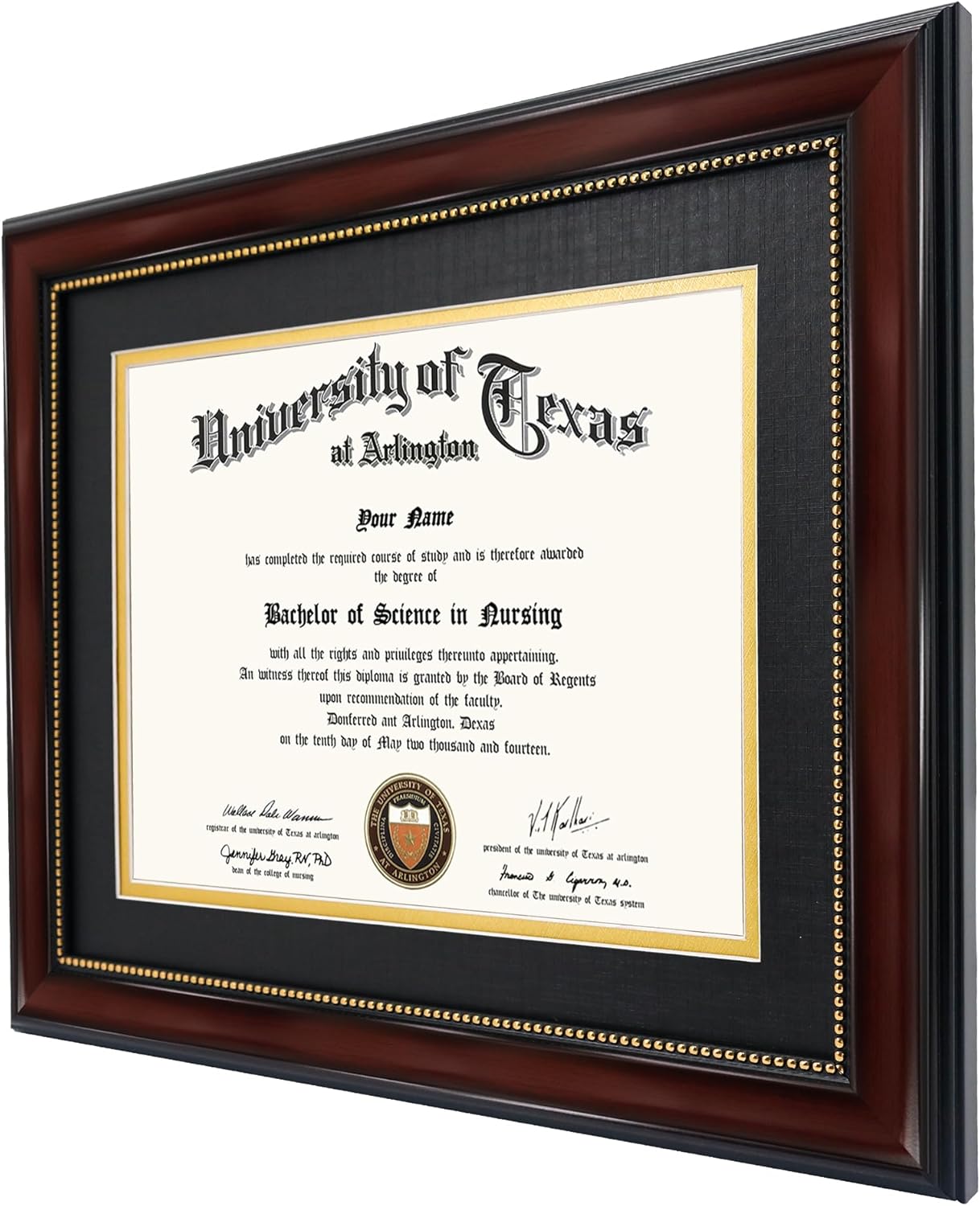 GraduationMall 8.5x11 Diploma Frame with Black over Gold Mat or Display 11x14 Document without Mat, UV Protection Acrylic, Mahogany with Gold Beads