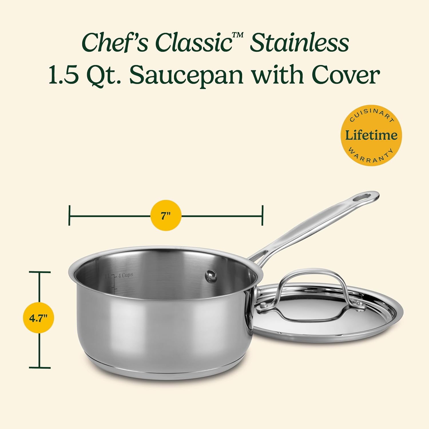 Cuisinart 1.5 Quart Sauce Pan with Cover, Stainless Steel Pot with Lid