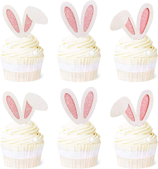 Ercadio 24 Pack Easter Bunny Ear Cupcake Toppers Glitter Pink Rabbit Ears Cupcake Picks Easter Bunny Cupcake Decors Rabbit Cake Toppers for Kids Girls Birthday Baby Shower Party Supplies