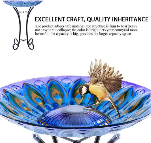 MUMTOP Outdoor Glass Birdbath Solar Birdbaths with Metal Stand for Lawn Yard Garden Peacock Decor,18” Dia 21.65 Height