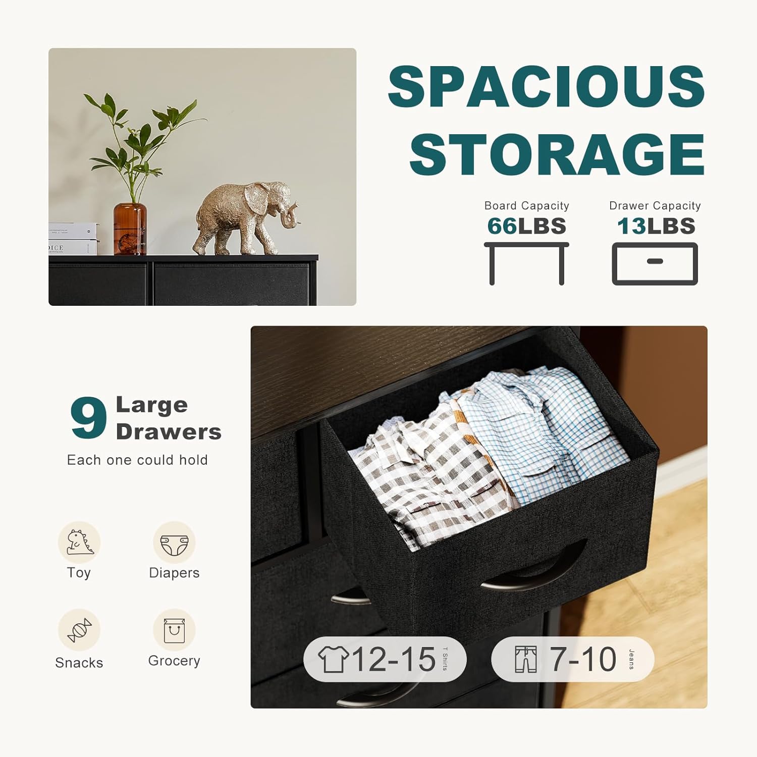 Dresser for Bedroom with 9 Drawers, Anti-Tip Tall Fabric Chests Storag