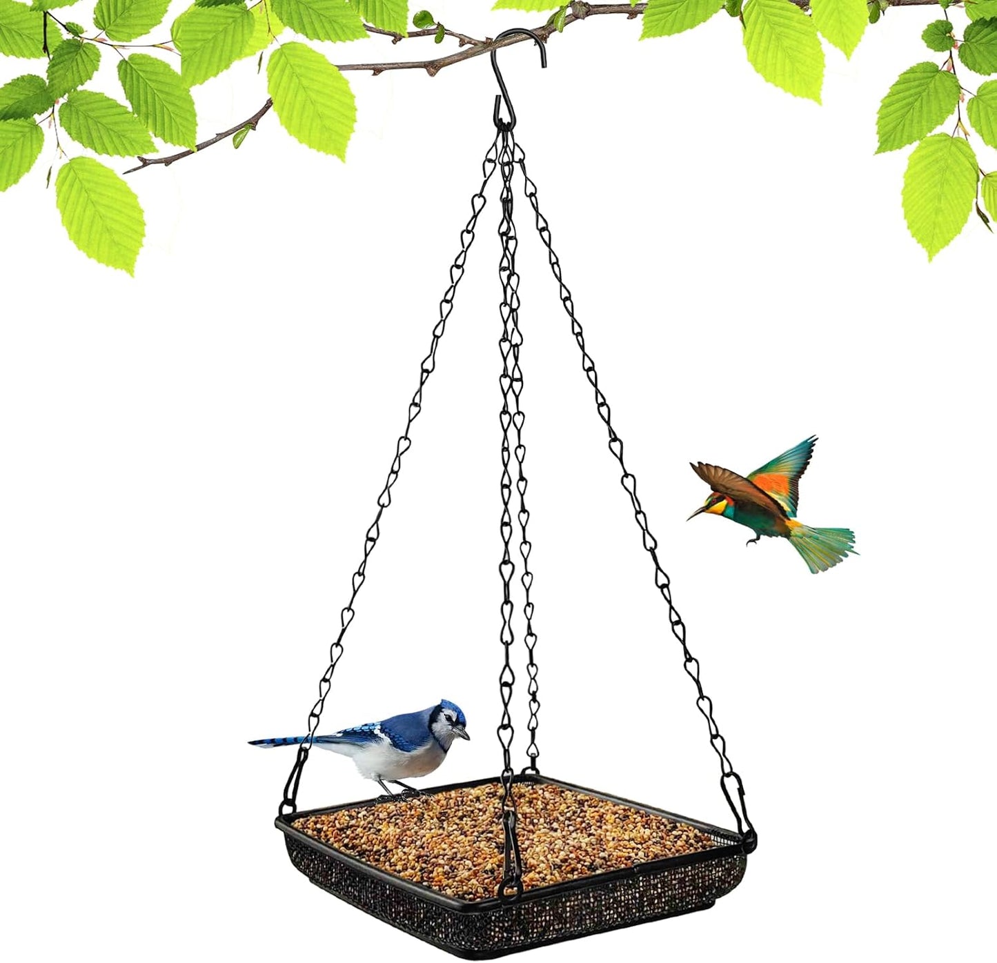 MIXXIDEA Hanging Bird Feeder Tray Metal Mesh Platform Seed Feeder with