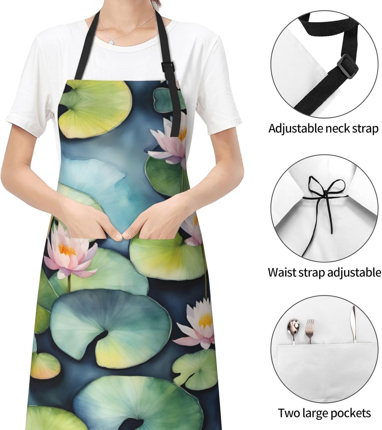 Black Lily Pads print Waterproof chef's apron with pocket apron for ki