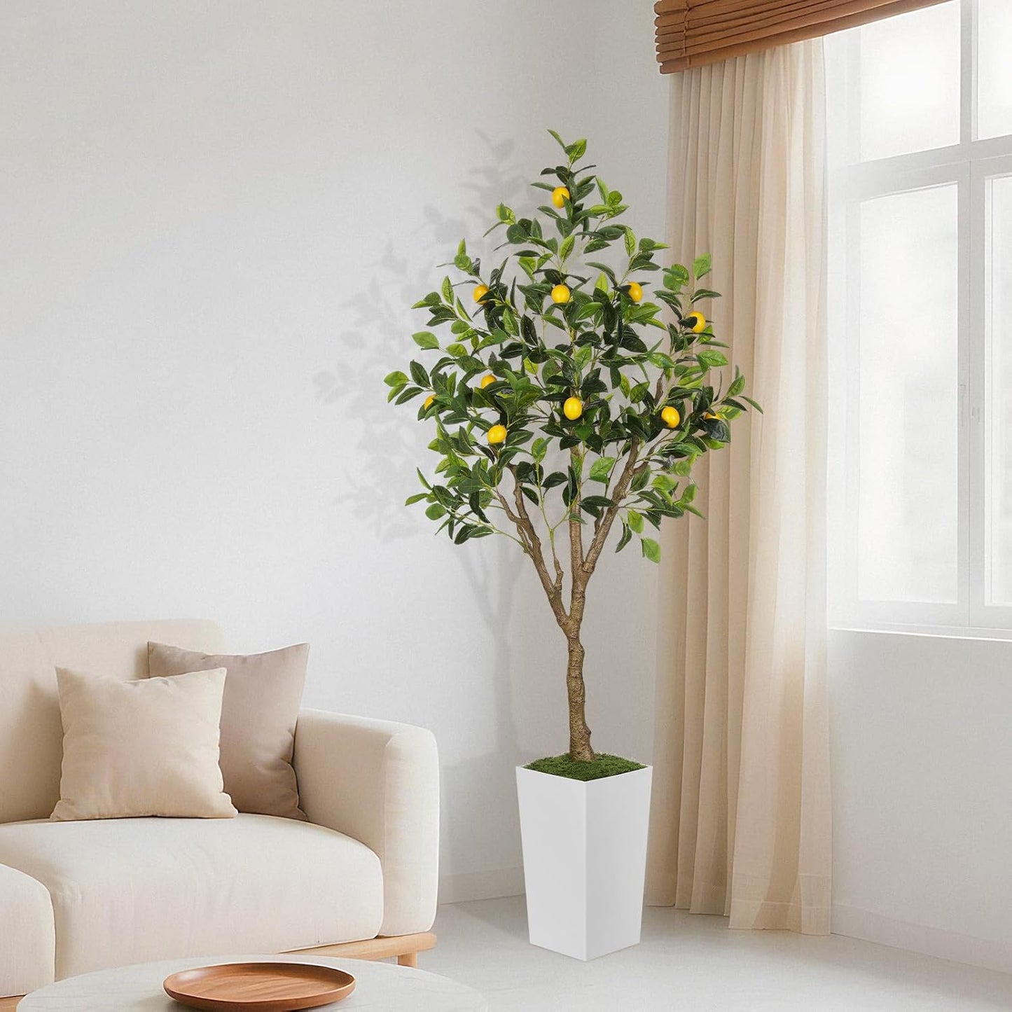 6FT Artificial Lemon Tree with Pot, Fake Lemon Tree with White Tall Planter, Faux Lemon Plant with Realistic Fruits and Silk Leaves, Artificial Plants Indoor for Home Office Kitchen Decor