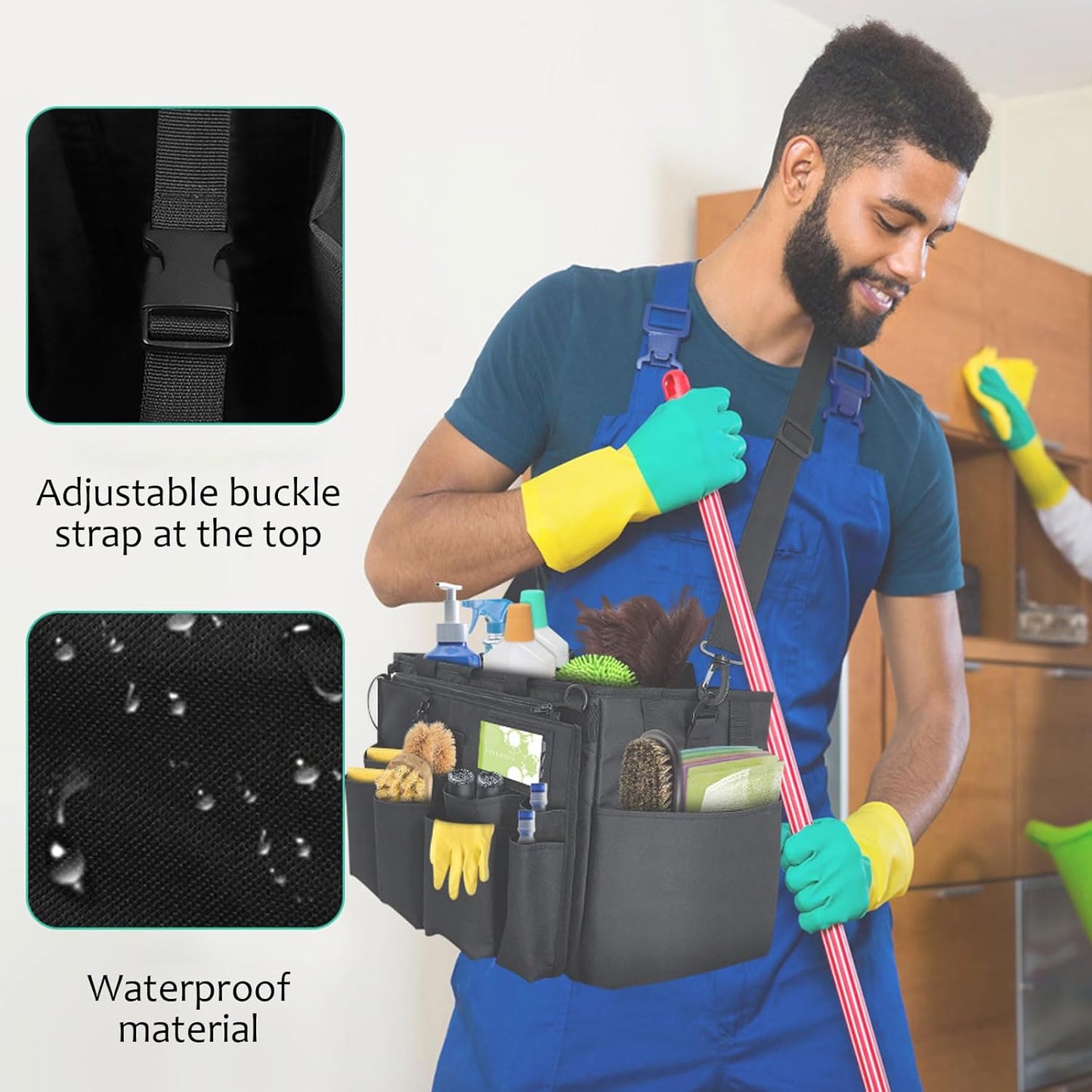 Large Cleaning Caddy Bag with Removable Apron, Wearable Cleaning Bags for Housekeepers, Utility Tool Tote for Kitchen, Garden & Car Detailing, Cleaning Supplies Organizer(Black)