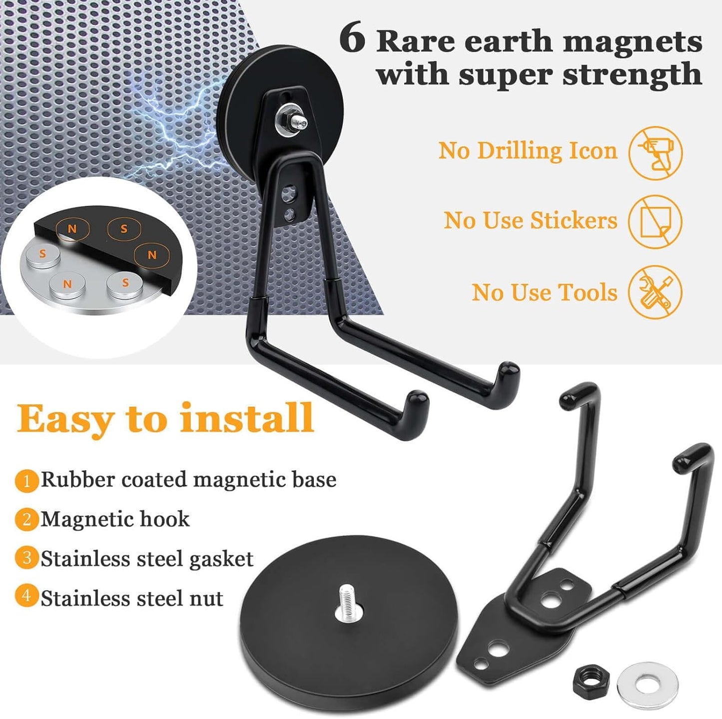 MIN CI 2 Pack Magnetic Hooks, Large Manget with Hooks, 2.59" (66 mm) Magnetic Hooks Heavy Duty for Hose, Jig Saw, Circular Saw,Workshop Organization, Tool Hooks for Hammer Drill, Garden Tool, Black