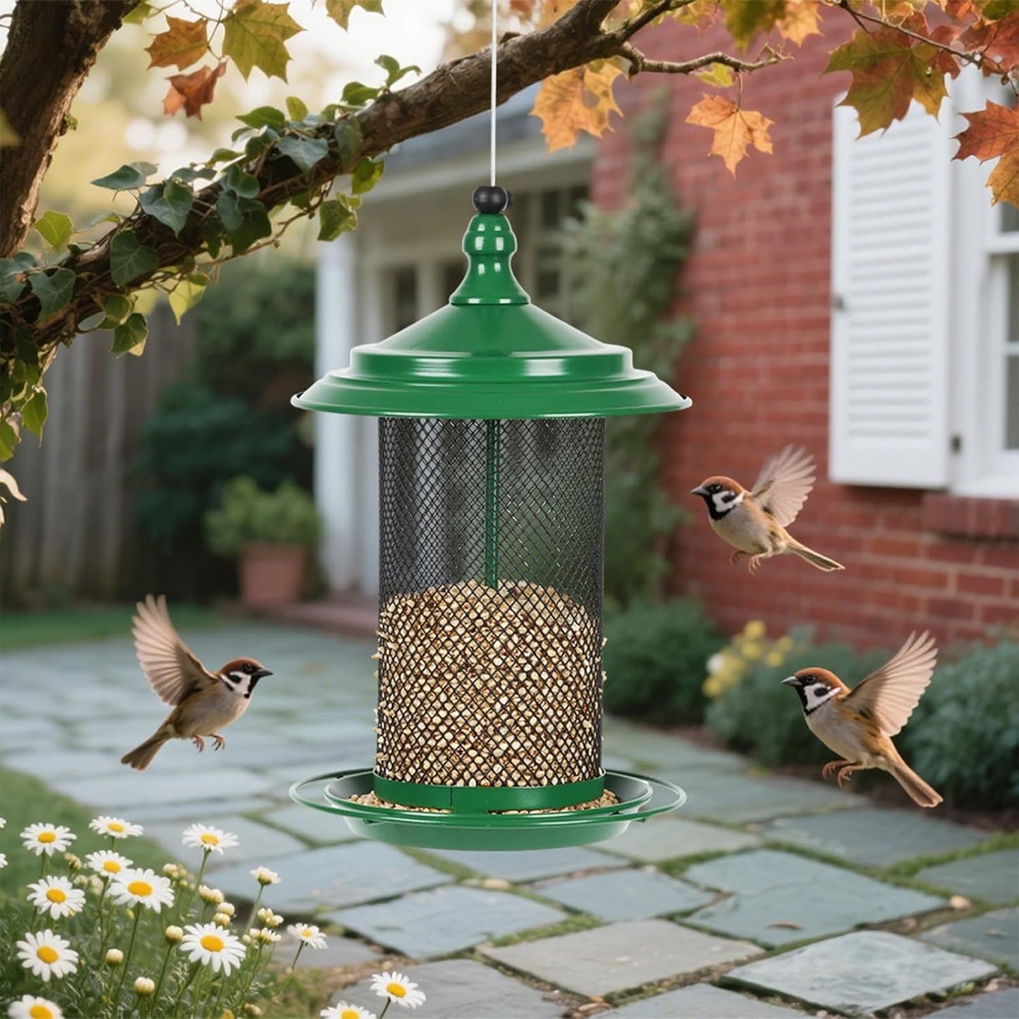Squirrels Outdoor Bird Feeder Metal Construction Feeding Ports Weatherproof Roof Design for Finches Squirrels Bird Feeder